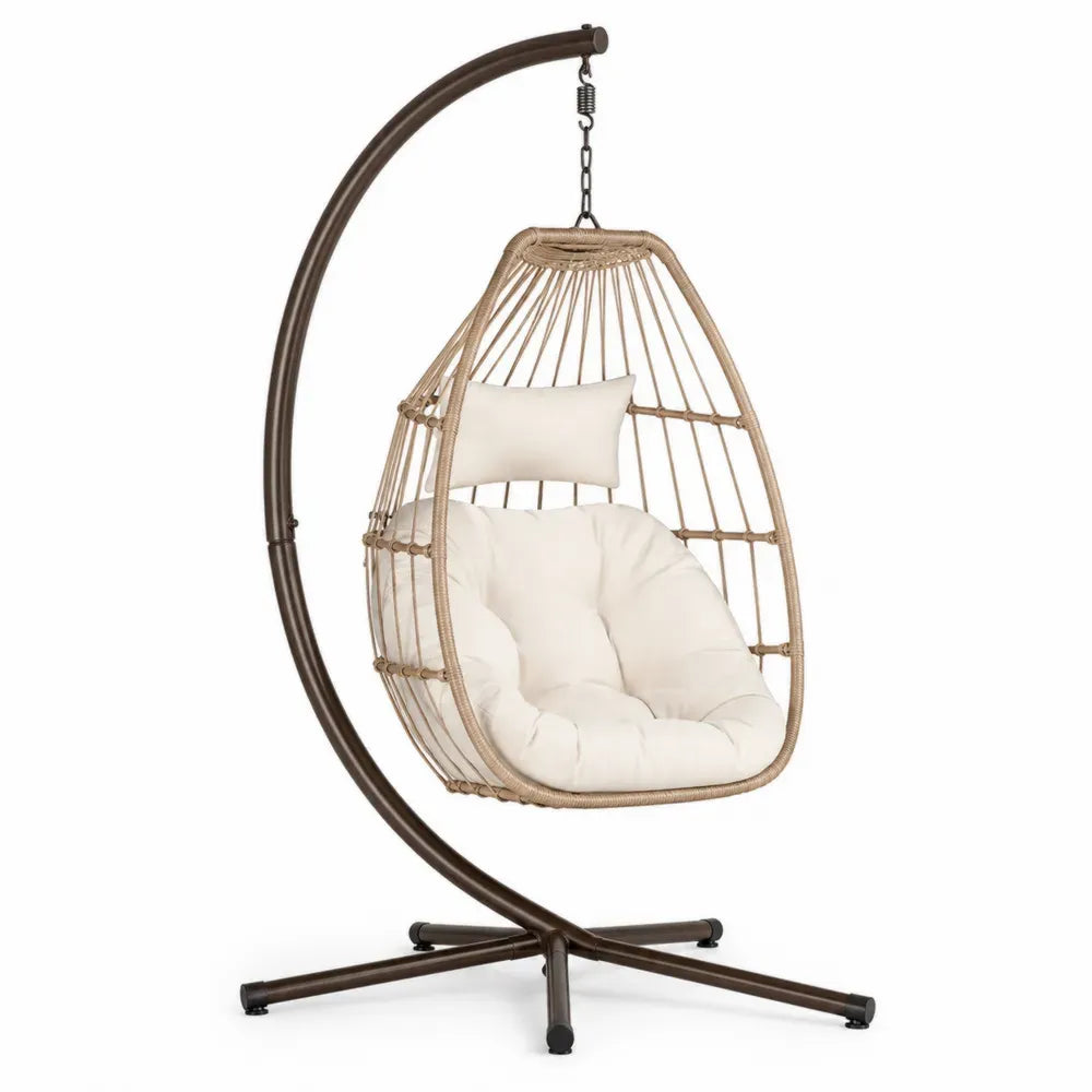 Hängesessel mit Gestell 105 x 105 x 195 cm PE-Rattan Stahl Polyester eiförmig Naturbeige Cremeweiß Dunkelbraun Schwarz