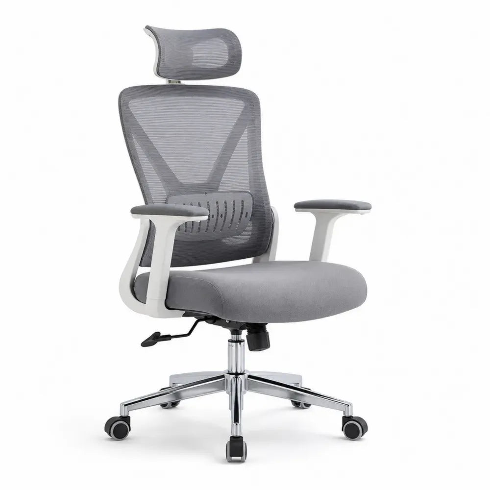 Bürostuhl Computerstuhl mit Kopfstütze Armlehnen und Rollen 65 x 65 x 115 bis 125 cm Polyester-Netzgewebe Grau Weiß Silberfarben Schwarz