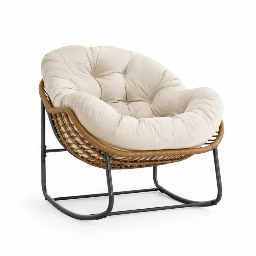 Papasan Gartensessel mit Kissen 105 x 95 x 88 cm PE-Rattan Stahl Polyester rund Naturbraun Creme Schwarz