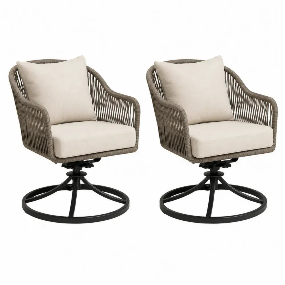 2er Set Gartendrehsessel mit Kissen 72 x 75 x 84 cm Stahl Polypropylen-Seil Rundfuß Beige Taupe Schwarz