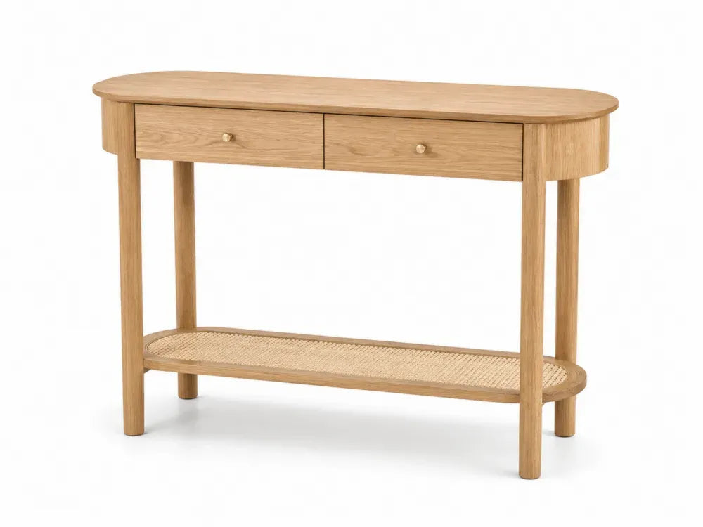 Konsolentisch mit 2 Schubladen Rattanablage abgerundeten Seiten MDF Eichenfurnier Kautschukbaum Naturholz Goldfarben 120 x 35 x 80 cm