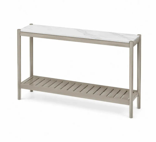 Konsolentisch mit Marmoroptik Tischplatte unterer Lattenablage MDF Stahlrohrgestell Taupe Weiß Grau 120 x 35 x 80 cm