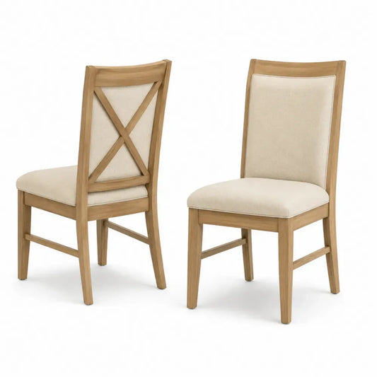 Esszimmerstühle 2er Set gepolstert mit Kreuzrücken Kautschukbaum Massivholz Naturholz Polyestergewebe Beige 45 x 55 x 95 cm