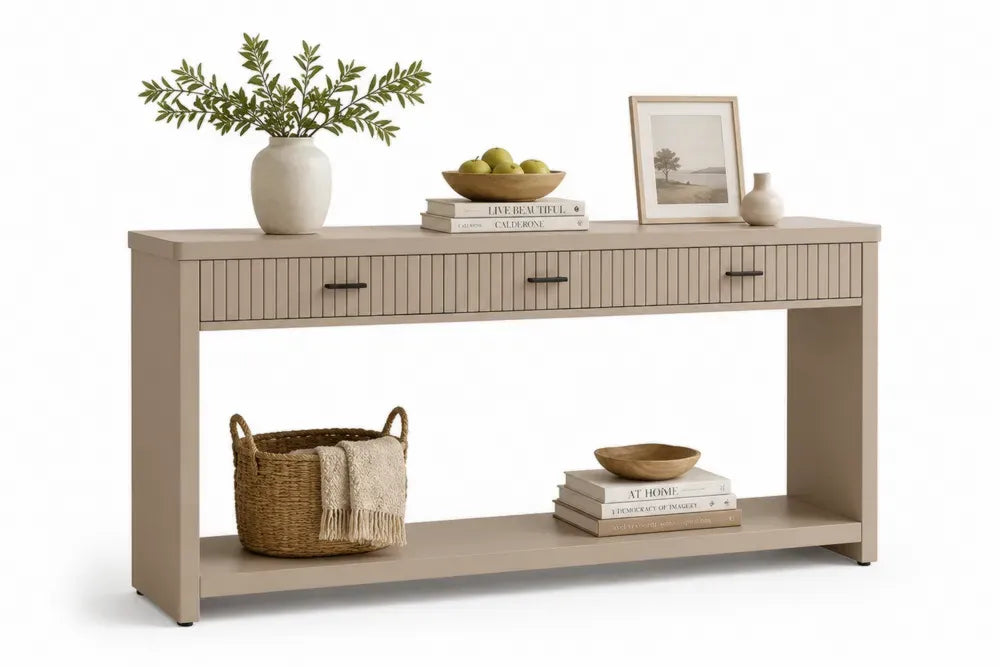 Konsolentisch rechteckig mit 3 Schubladen und Ablage 150 x 35 x 80 cm lackierte MDF-Platte Greige Schwarz