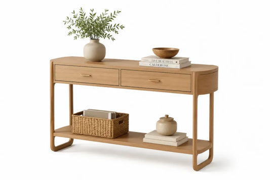 Konsolentisch mit 2 Schubladen und unterer Ablage MDF Eichenfurnier Kautschukbaum Naturholz Goldfarben 120 x 35 x 80 cm