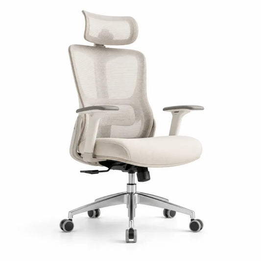 Bürostuhl Drehstuhl mit Kopfstütze Armlehnen und Rollen 68 x 68 x 115 bis 125 cm Polyester-Mesh Aluminium Creme Weiß Silberfarben Schwarz