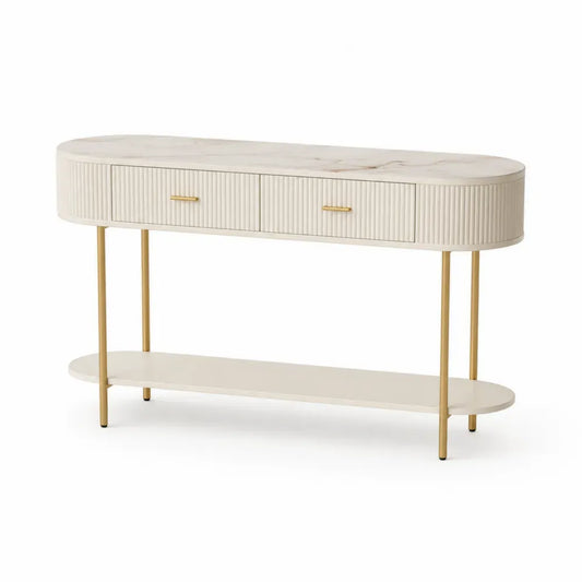 Konsolentisch mit 2 Schubladen gerillten Fronten Marmoroptik Ablage und Metallbeinen MDF Cremeweiß Goldfarben 120 x 35 x 80 cm