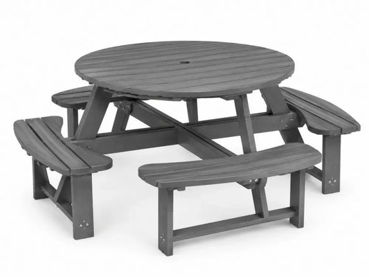 Garten Sitzgruppe Picknicktisch rund mit 4 Bänken 180 x 180 x 75 cm HDPE-Kunststoff Grau
