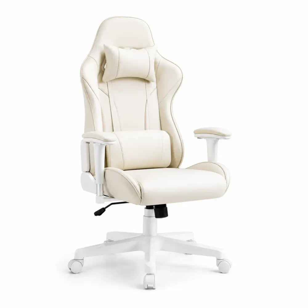 Gamingstuhl Bürostuhl mit Nackenkissen Lendenkissen Armlehnen und Rollen 65 x 65 x 118 bis 128 cm PU-Leder Polyamid Cremeweiß Weiß