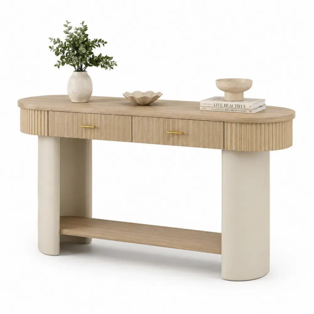 Konsolentisch mit 2 Schubladen Rillenfront und Ablage 140 x 35 x 80 cm MDF mit Eichenfurnier Naturfarben Cremeweiß Goldfarben