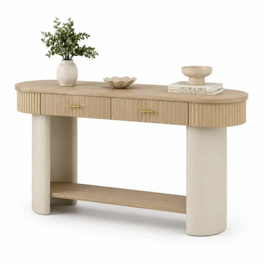 Konsolentisch mit 2 Schubladen Rillenfront und Ablage 140 x 35 x 80 cm MDF mit Eichenfurnier Naturfarben Cremeweiß Goldfarben