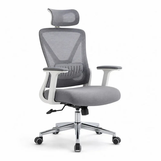 Bürostuhl Computerstuhl mit Kopfstütze Armlehnen und Rollen 65 x 65 x 115 bis 125 cm Polyester-Netzgewebe Grau Weiß Silberfarben Schwarz