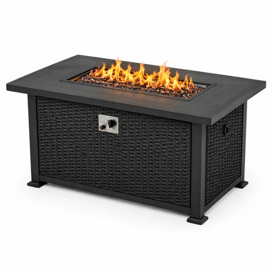 Gas Feuertisch rechteckig 132 x 71 x 63 cm PE-Rattan pulverbeschichteter Stahl Edelstahlbrenner Schwarz Braun Silber