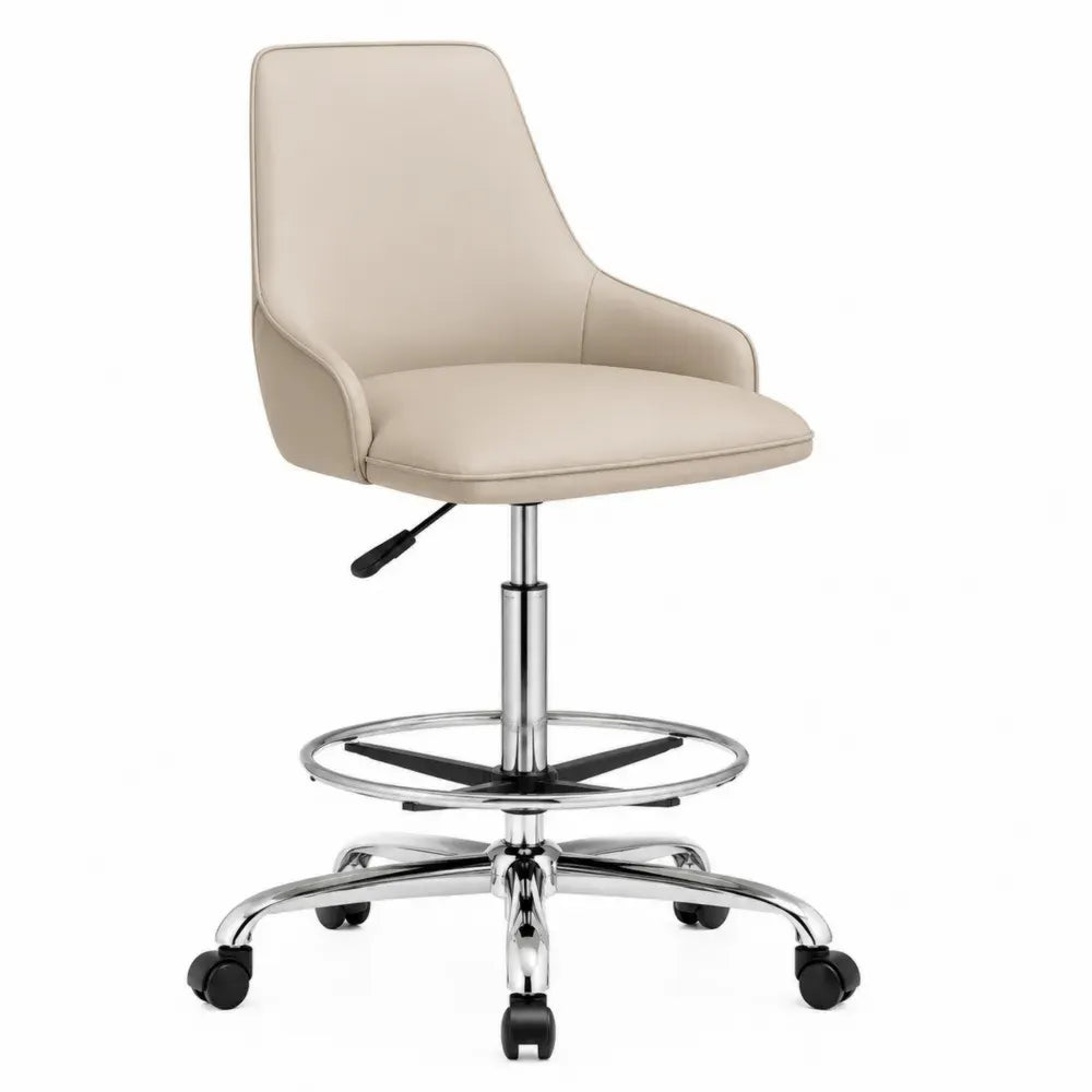 Bürostuhl Drehstuhl 60 x 60 x 95 bis 115 cm Schalenform PU-Leder Creme verchromter Stahl mit Fußring und Rollen