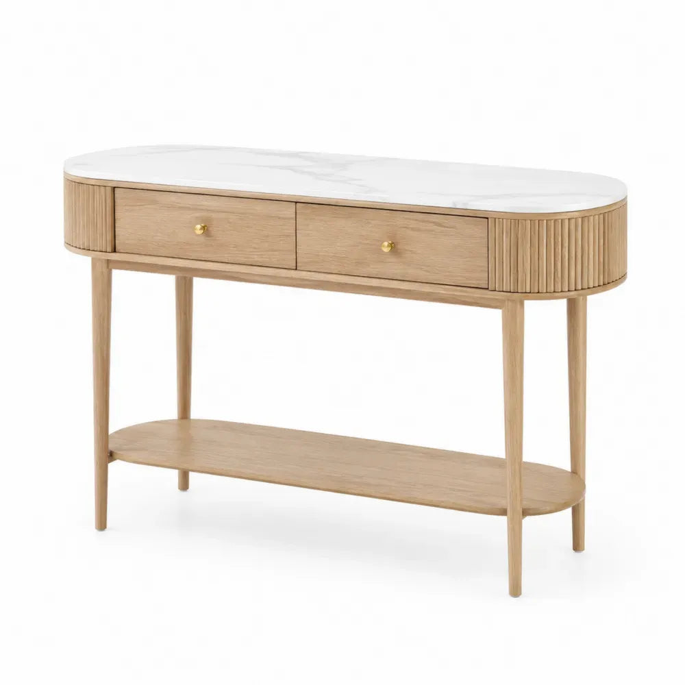 Konsolentisch mit 2 Schubladen Marmoroptik Oberplatte gerillten Seiten und Ablage MDF Eichenfurnier Kautschukbaum Naturholz Weiß Goldfarben 120 x 35 x 80 cm