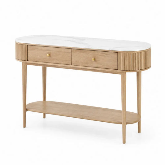 Konsolentisch mit 2 Schubladen Marmoroptik Oberplatte gerillten Seiten und Ablage MDF Eichenfurnier Kautschukbaum Naturholz Weiß Goldfarben 120 x 35 x 80 cm