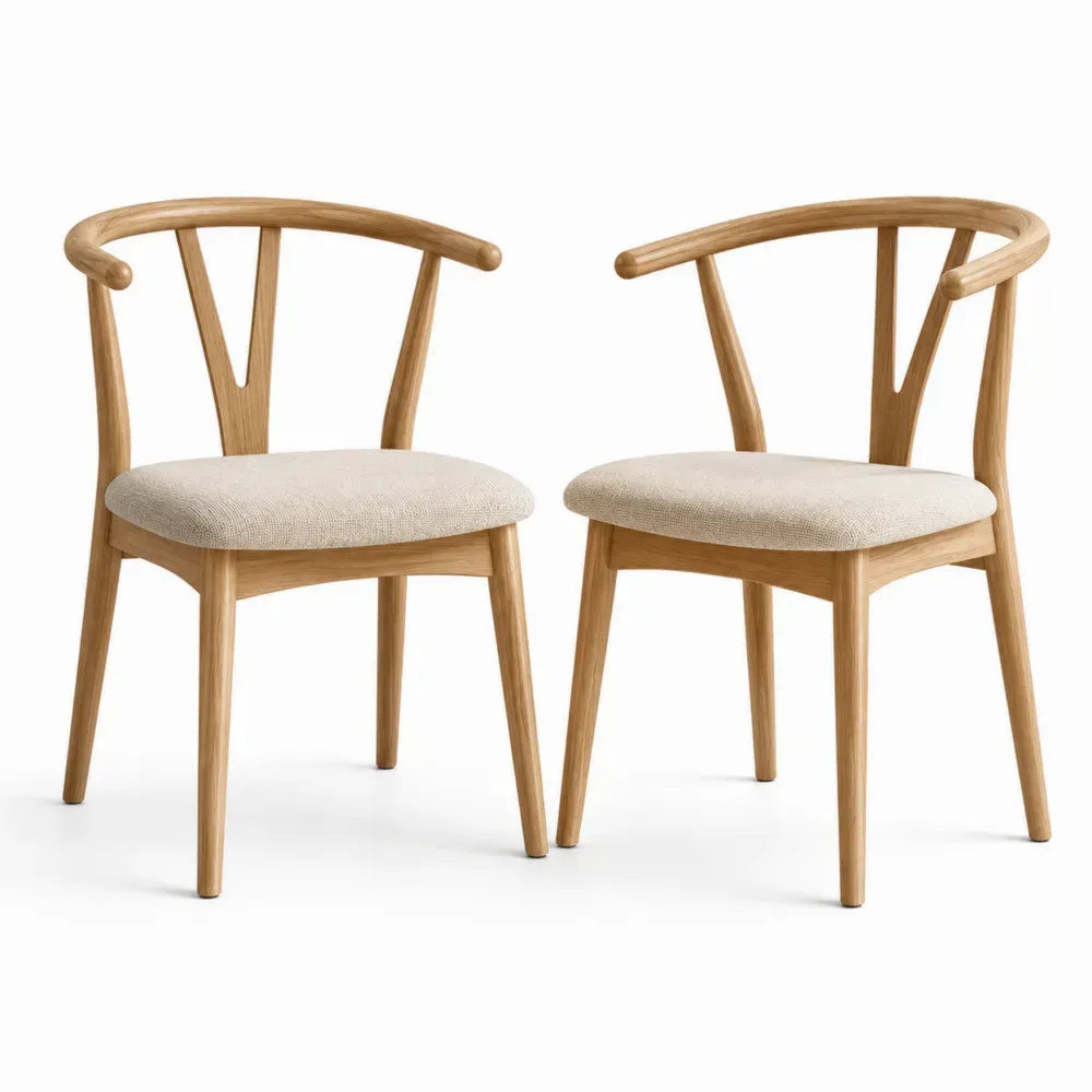 Esszimmerstühle 2er Set mit Armlehnen gepolstertem Sitz Y-Rückenlehne 58 x 55 x 76 cm Kautschukbaum-Massivholz Polyestergewebe Natur Beige