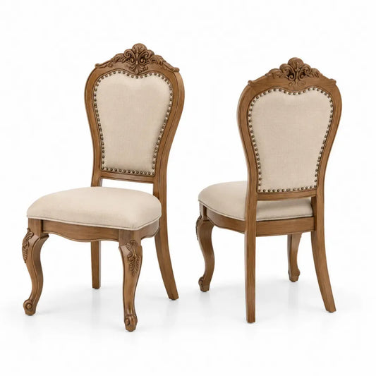Esszimmerstühle 2er Set gepolstert mit hoher Rückenlehne geschnitztem Rahmen Ziernägeln 50 x 56 x 103 cm Kautschukbaum-Massivholz Polyestergewebe Braun Beige